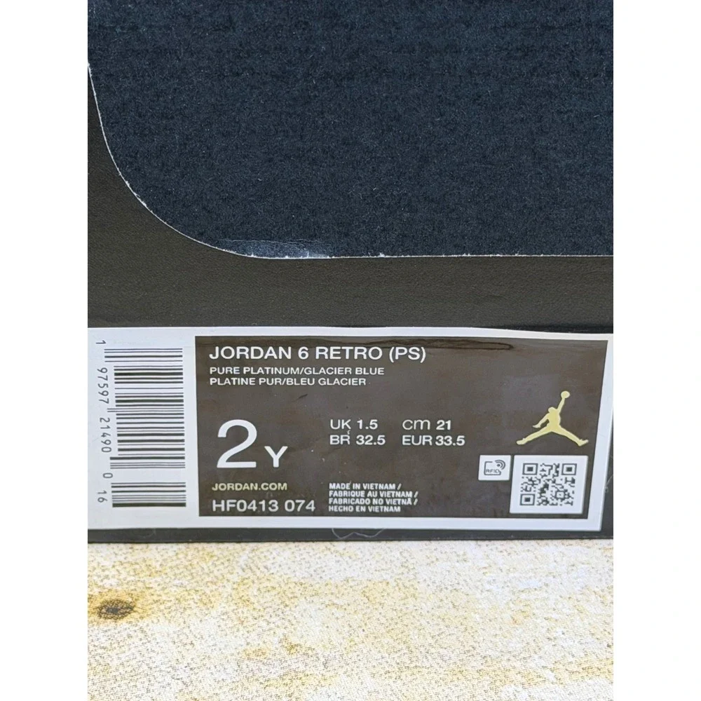 Jordan‎ 6 Retro PS Pure Platinum Glacier Blue Gold HF0413-074 Kids Size 2Y